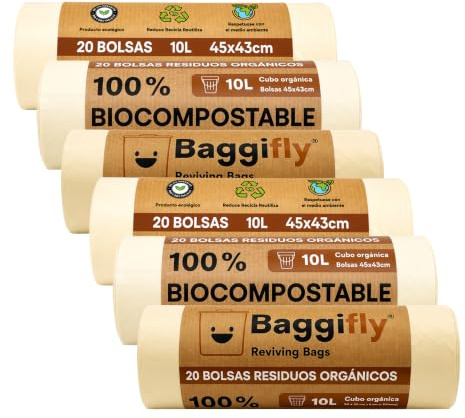 Baggifly, Bolsas de Basura Biodegradables 10L, 120 Bolsas Basura Compostables, ECO Friendly, Cubos Pequeños y Residuos Orgánicos, Pack 6 x 20, Fabricado en España