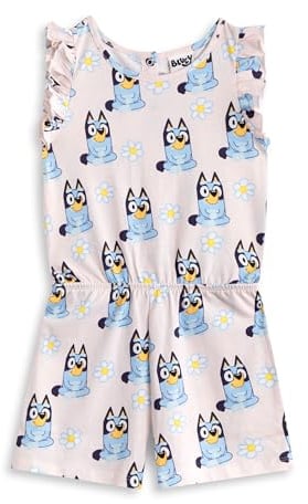 Bluey Girls Light Pink Sleeveless Playsuit | Floral Crew Neck Outfit with Ruffle Detail & Pockets | Casual Summer Wear Bingo Character Design | Comfortable Kids Apparel