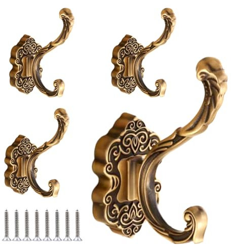 Garderobenhaken, 4 Stück Vintage Kleiderhaken Wand, Antikes Messing Bronze Design, Wandhaken Huthaken mit 8 Schrauben zum Aufhängen von Handtüchern, Schlüsseln, Hüten und Kleidung