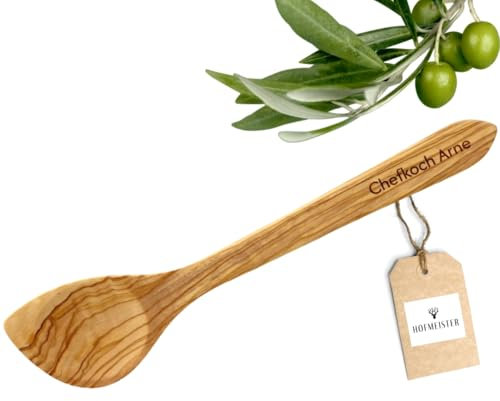 HOFMEISTER® Personalisierter Kochlöffel spitz zum Geburtstag, Einzug & Hochzeit – Mit Wunschtext – Kollegen, Freunde & Familie – Geschenk aus Olivenholz – 29,5 cm