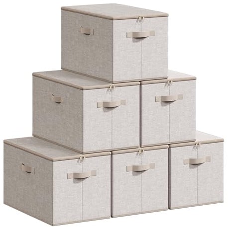 SONGMICS Aufbewahrungsbox mit Deckel, 6er Set, faltbare Stoffbox | Aufbewahrung für Kleidung, 50 x 30 x 30 cm, Vliesstoff in Leinenoptik, mit 3 Griffen, beige, TINA Kollektion RZB050LZ05
