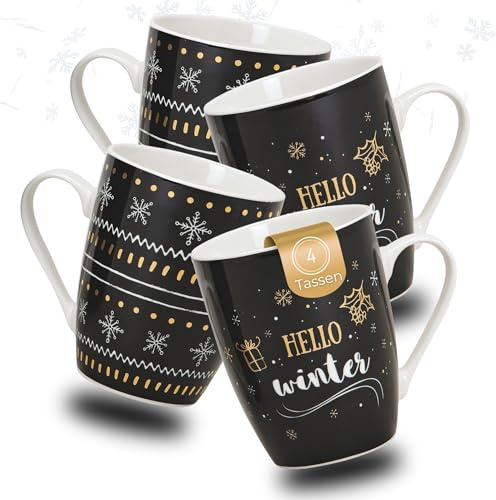 Schönes Weihnachtstassen 4er Set - große 300 ml Kaffee-Tassen mit modernen Weihnachtsmotiven gold schwarz