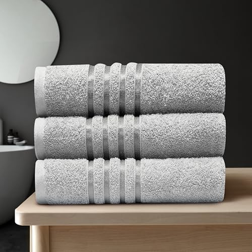 GC GAVENO CAVAILIA Stripe Towels Bath Sheets 3Pack | 90X150 Cm 550 GSM Bath Sheets Extra Large For Bathroom, Spa | Quick Dry & Highly Absorbent, Washable Cotton Silver Towels Set XL Bath Sheet, Silver
