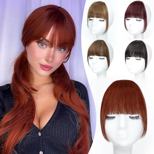 BUPPLER Clip in Pony 100% Echthaar Clip on Pony für Frauen Kunst Pony Clips on Haarverlängerungen mit Haarrolle für den täglichen Gebrauch (Dicht,Kupfer)