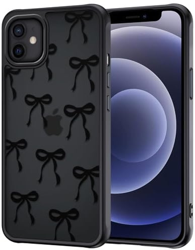 TVVTPU Handy Hülle für iPhone 12/12 Pro, Aesthetic Motiv Schleifen Muster Handyhülle Anti-Fingerabdruck Mattierte Transluzente Rückseite Silikon Bumper Stoßfest Kratzfest Case, Schwarz