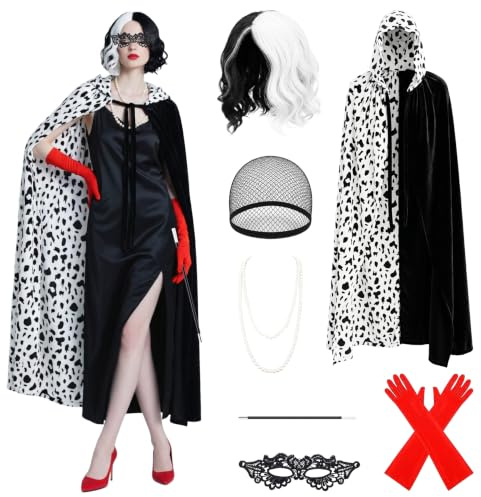 PartAwake 7 Stück Devil Kostüm Damen,Karneval Kostüm Damen mit Schwarze und Weiße Perücke Umhang Handschuhe Maske Halsband für Karneval Fasching Cosplay Maskerade Halloween