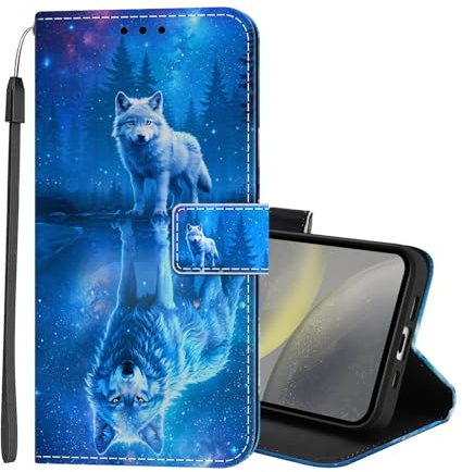 Lonrapa Handyhülle für Samsung Galaxy S8 Hülle Premium Lederhülle Muster Flip Case Tasche Magnet Kartenfach Standfunktion Stoßfest Klapphülle Schutzhülle für Galaxy S8 - Blau Wolf