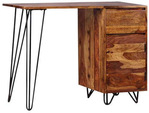 IBUQDDV Bureau en bois massif d'acacia avec 1 tiroir et 1 armoire, style industriel rétro, meuble de bureau, console robuste, table d'appoint avec pieds en acier