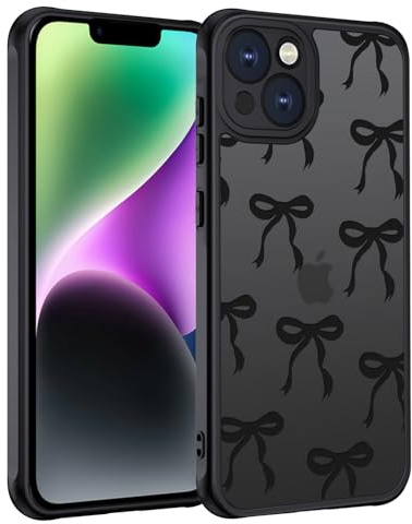 TUUTPU Handyhülle für iPhone 14 Hülle, Aesthetic Motiv Schleifen Muster Design Matt Transluzente Schlanke Hart Case Kratzfeste PC Rückseite + TPU Bumper Stoßfest Schutzhülle, Schwarz