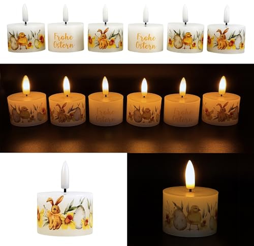 Online Fuchs 6 LED-Kerzen, Teelichter mit realistischer Flamme und Timer im Frühlings-Design - inklusive Geschenkverpackung - Osterdeko (Gelb)