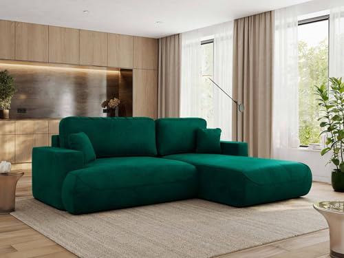 MKS MEBLE Ecksofa Wohnlandschaft L-Form mit Schlaffunktion und Bettwäscheschrank, Schlafsofa mit Bettkasten, modernes Sofa OVO L - Rechts - Dunkelgrün Velvet
