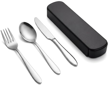 Cubiertos de viaje 3 piezas de acero inoxidable con estuche, cuchillo tenedor cuchara para una persona, lavables en lavavajillas, reutilizables para viaje camping oficina escuela