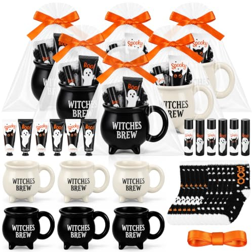Romooa 6 Sets Halloween Gifts for Women Bulk Witches Brew Mugs Boo Spooky Hand Cream Bat Lip Balm Ghost Plush Socks with Gift Bags Ribbon, Halloween Party Favors Gothic Goodie Bag Stuffers for Adults