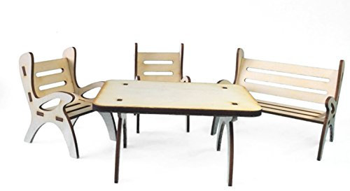 Petra's Bastel News 4-teilige Tischgruppe, bestehend Tisch, 1 x Gartenbank und 2 Stühle aus Holz Höhe ca. 6cm