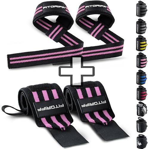 Fitgriff® Handgelenk Bandagen + Zughilfen (2er Set) - für Krafttraining, Fitness, Bodybuilding, Gewichtheben, Gym, Kraftsport - für Frauen und Männer (Black/Pink)
