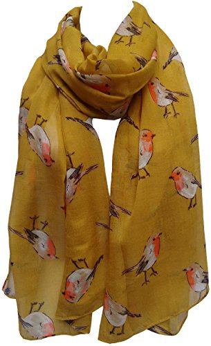 GlamLondon Damen-Schal mit Aquarell-Motiv Rotkehlchen, Weihnachtsschal Gr. 90, senffarben
