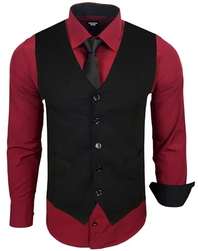 Subliminal Mode - Gilet + Chemise + Cravate Homme Col Bicolore Uni Manches Longues Coupe Ajusté Business Repassage Facile RN33 Noir et Bordeaux S
