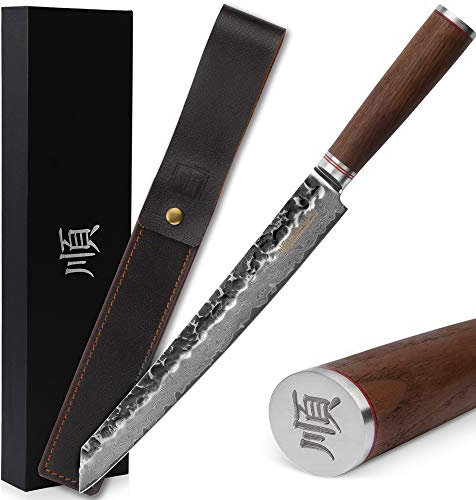 YOUSUNLONG Couteau Sujihiki 280mm - Pro couteau à découper en - acier damas japonais - Walnt avec cuir avec boîte-cadeau