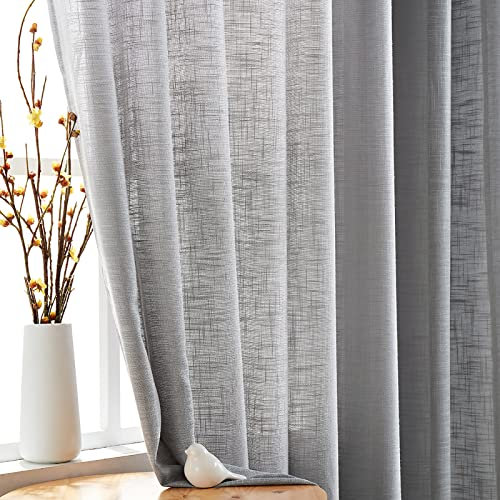 Fmfunctex Grey Sheer Curtains for Living Room 90 Drop Semi Sheer Eyelet Curtains for Bedroom, Privacy Protect Light Filtering Window Curtain Drapes for Dining Room 2 Panels