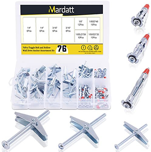 Mardatt Assortiment de 76 boulons à bascule de 0,3 cm, 3/16, 1/4 et boulons d'ancrage Molly pour mur creux - En acier zingué - Tailles assorties pour cloison sèche