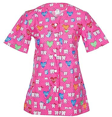 DINOZAVR Carla Uniforme Medica - Medico Casacca da Donna con Bottoni a Pressione - Rosa/Denti S