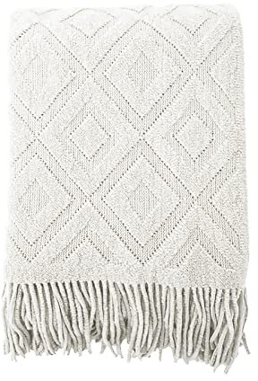 LumiSyne Gestrickte Decke Mit Quaste Einfarbig Jacquard Diamanten Muster Kuscheldecke Strickdecke Tagesdecke Überwurf Couchdecke Dekorative Decke Für Sofa Bett Beige 180x240cm