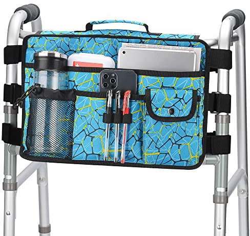 supregear Double Side Walking Frame Bag, Walker Basket with 9 Pockets and Large Compartment for Walker Rollator Wheelchair, Water Resistant Walker Organizer Pouch with Handle and Cup Holder (Blue)