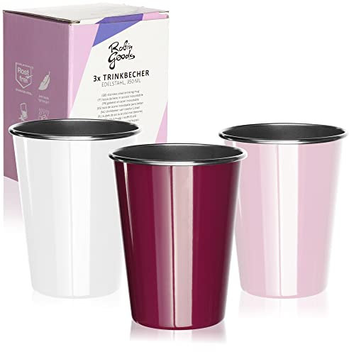 Robin Goods® 3X Gobelets en Acier Inoxydable - Haute Qualité, Camping, Incassables, Sans BPA (Blanc, Rose, Violet)
