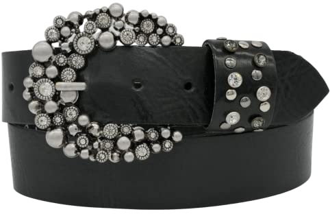 AnnaMatoni Damen Leder Gürtel weiches Rindsleder 3mm stark mit Hochwertiker Strassstein Schließe 4cm breit Damen Ledergürtel (schwarz 790, TW115 - Gesamtlänge 130cm)