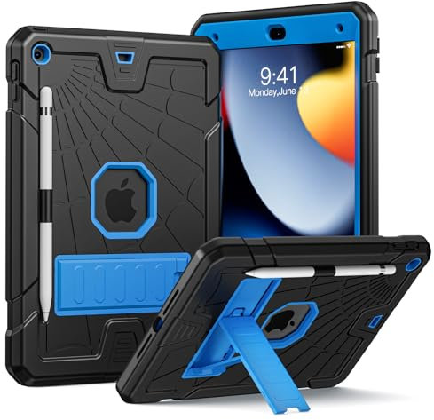 Herize iPad 9. Generation Case mit Stand & Pencil Holder, Kids Protective iPad 10.2 Inch Cover 7th 8th 9th Gen 2019 2020 2021, Black&Blue Spider Web Cool Design for Boys Girls Anime Lovers.
