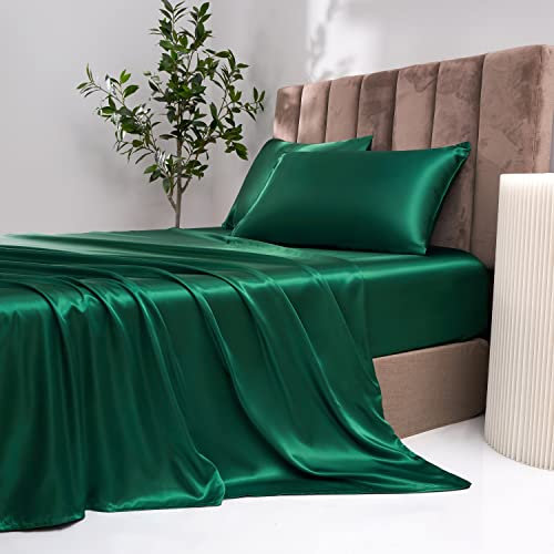 Damier Satin Spannbettlaken 160x200cm Grün Dunkelgrün Seide Glänzend Spannbetttuch Hochwertiges Satin Deluxe Bettlaken, geeignet für Matratzen bis 30cm