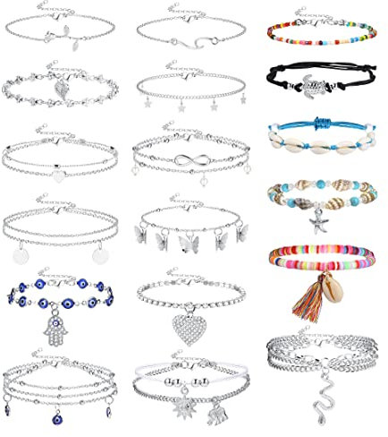 Kakonia 18stk Fußkettchen Armbänder für Damen Verstellbare Damen Boho Fußkettchen Ketten Armbänder Schale/Seestern/Schmetterling/Teufelsauge Strand Fußkettchen Fußschmuck Set