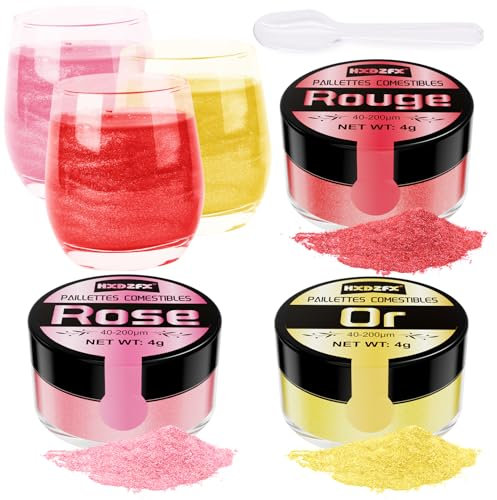 HXDZFX Paillettes Comestibles - 3 Couleurs Paillette Alimentaire Gâteaux, Paillettes Alimentaires Boissons, Gâteaux, Chocolats, Muffins, Vodka, Cocktail, Crème (4g par Bouteille) Or/Rose/Rouge