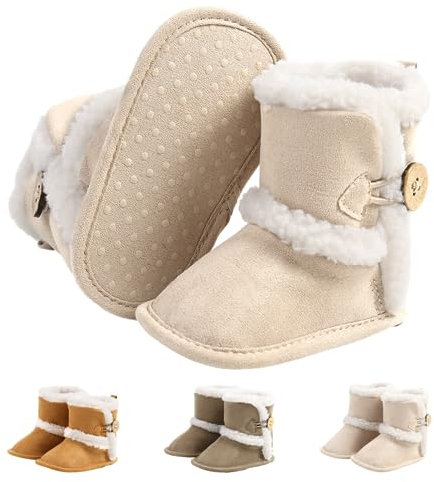 Stivaletti Invernali per Neonato, Inverno Caldo Bambini Stivali da Neve Fondo Morbido Antiscivolo Cotone Piatto Pelliccia Calzino Bootie Regolabile Scarpe Primi Passi Bambina 0-6 Mesi I Beige