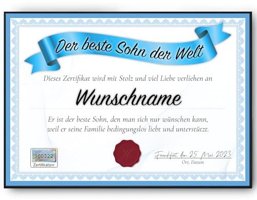 Tigerlino® Bester Sohn Geschenk personalisiert Geburtstag Poster Zertifikat Urkunde Sohn personalisierte Geschenkidee