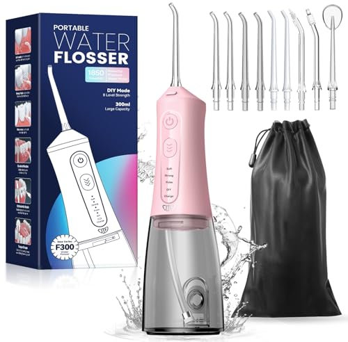 JTF Travel Water Flosser, 4 Modes 9 Jet Tips Portable Dental Water Flosser for Teeth Cordless, 300ML Teeth Water Jet Cleaner, USB Rechargeable Ipx7 Waterproof Oral Irrigator Tools for Home(Pink)