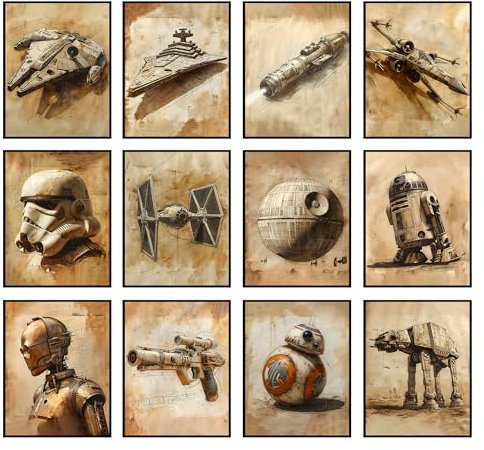 BigWig Prints Star Wars Wandkunst, Star Wars-Poster, Starwars-Poster für Wände, Millennium Falke, TIE Fighter, R2-D2, Stormtrooper, AT-AT Walker, X-Wing, Blaster, ungerahmt, 12 Stück (20,3 x 25,4 cm)