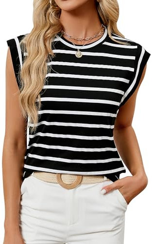 BellaDila Sommer Top Damen Ärmellose Tshirt Locker Rundhals Flügelärmel Oberteile Elegant Gestreift Tunika Bluse Tops für Frauen, A Gestreift Schwarz, M
