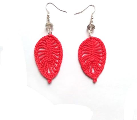 Pendientes de encaje tejidos a ganchillo, pendientes hoja con cuentas de vidrio, fucsia, pendientes artesanales, joyería para mujer accesorio moda