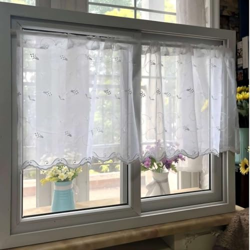 Vordesack Voile Küchengardine mit leichtem Glanz Zarte Stickerei Blumen transaprente Scheibengardine mit Stangendurchzug 1 Stück Weiß HxB 70x70cm
