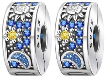 NUNUYAYA Charms Abaloriosde Cuentas Plata de Ley 925 con Circonita Cúbica Star & Moon Clips Charms Colgante Compatible con Niña Mujer Europeo Pulsera Collar 2 juegos