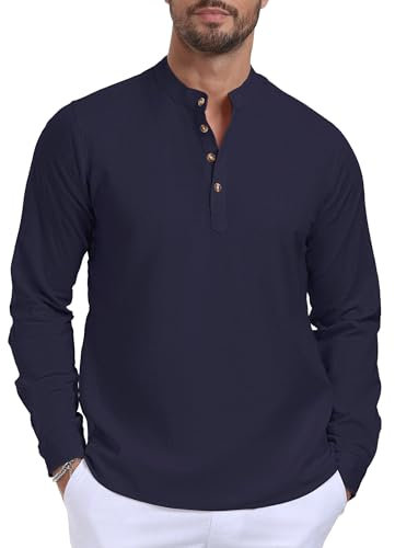 Anelune Linen Shirts Men's Short Sleeve Casual Button Down Shirts T Shirts Summer Henley Shirt Breathable Button-Down Shirt Beach Short Sleeve Tops Navy Blue