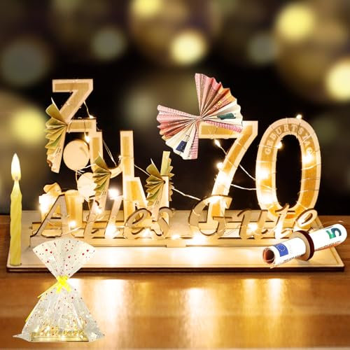 YSWOVUO 70. Geburtstag Frau Mann, Geldgeschenke Holz mit LED Lichterkette, Geschenk zum 70 Geburtstag Mann Frau, Geschenkideen zum 70 Geburtstag, Alles Gute