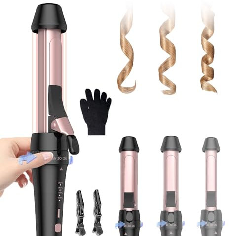 26/30/36 mm Lockenstab, UKLISS 3 in 1 Lockenstab für Kurze Haare & Lange Haare,Drehbarer Ring zum Wechseln der Größen Ohne Zubehörwechsel (Rose Schwarz)
