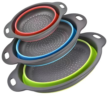 Silicone Colander Collapsible Strainers Set for Kitchen- 3 Pack (3Qt, 4Qt,5Qt) -Over Home Draining Basket, Food Vegetables & Fruits-Dishwasher Safe, BPA Free Space Saving Design (Green,Blue,Red)
