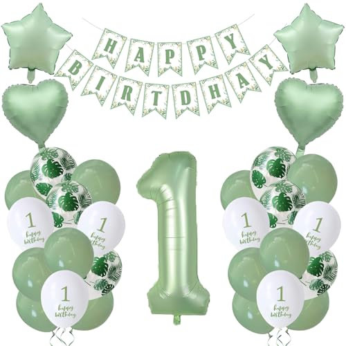 Luftballon 1. Geburtstag Mädchen Eukalyptus Grün Weiß Erste Kindergeburtstag Geburtstagsdeko 1 jahr Mädchen Junge Happy Birthday 1 jahre