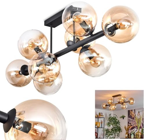HOFSTEIN Deckenleuchte Gastor, 8-flammige Deckenlampe aus Metall/Glas in Schwarz/Bernstein/Klar, Leuchte im Retro/Vintage-Design (Schirme Ø 15 cm), E14, Esszimmer, Wohnzimmer, Schlafzimmer, Küche