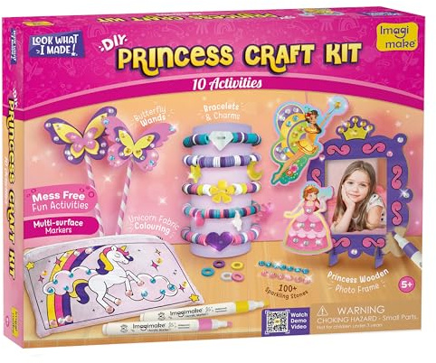 Imagimake Princess Craft Kit, 10 Mess-Free Creative Activities for Girls | Make Charm Bracelets, Butterfly Wands, Photo Frames, Unicorn Pouch, Birthday Gift for Girls Ages 5,6,7,8,9,10,11,12 Years Old