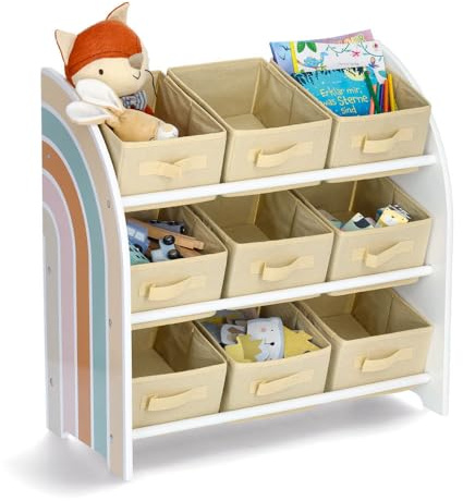 Basera Kinder-Regal mit 9 Boxen aus MDF und Kiefer, Regenbogen-Design