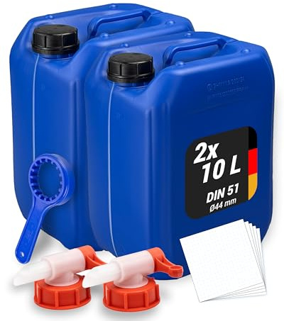 Trevendo 2er-Set Wasserkanister - Kunststoffkanister (10 Liter, DIN 51, Ø44 mm, blau) - lebensmittelecht & BPA-frei - inkl. Deckel, 2 Auslaufhähne, Ringschlüssel & 5 Beschriftungsetiketten